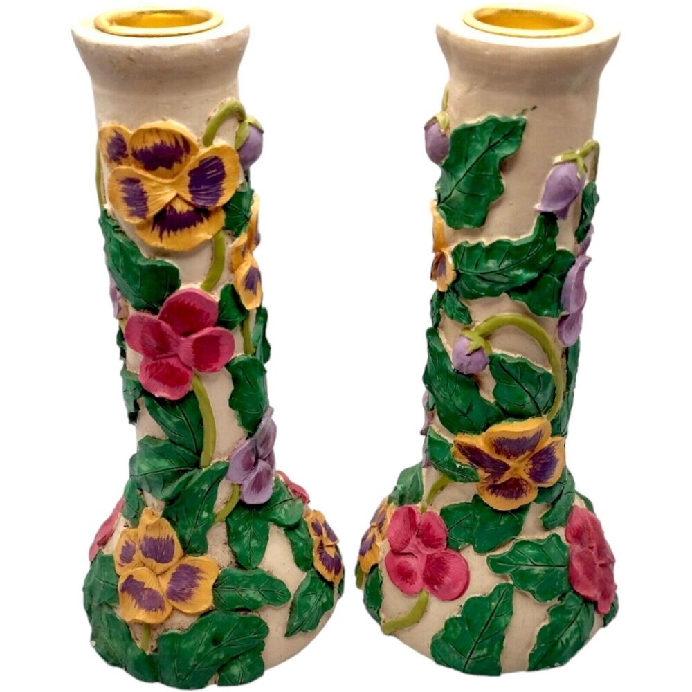 Vintage Floral Hand Painted Candle Holders 3D Resin & Brass Colorful 7" Flowers